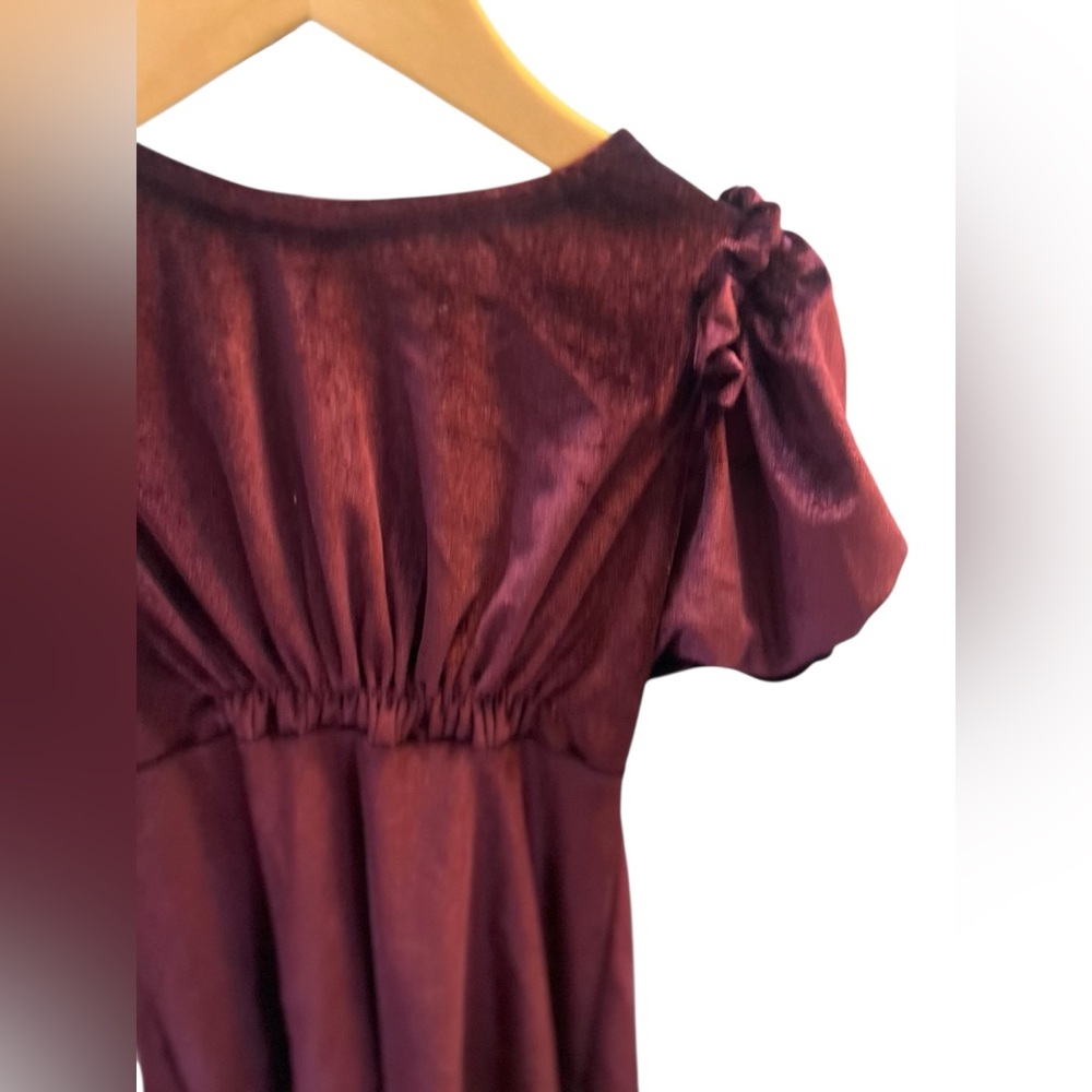 Zara Girls Velvet Ruffle Puff Sleeve Elegant Dress - Burgundy - Picture 5 of 11